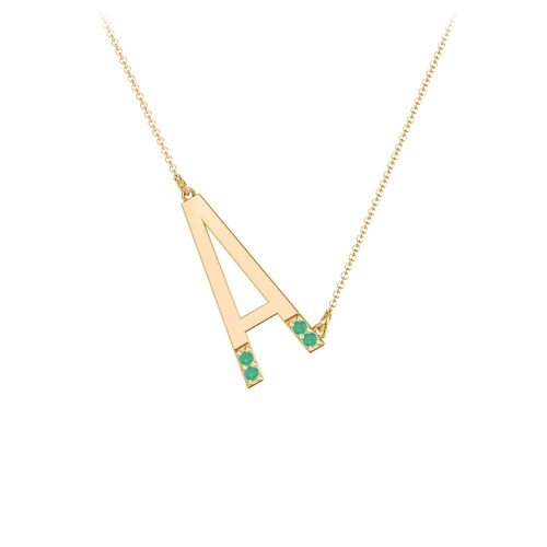 Asymmetrical Initial Necklace with Accent Stones - A – 18K Gold Plated Silver with Emerald