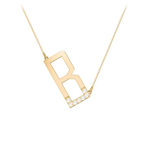 Asymmetrical Initial Necklace with Accent Stones - B – 18K Gold Plated Silver with Cubic Zirconia