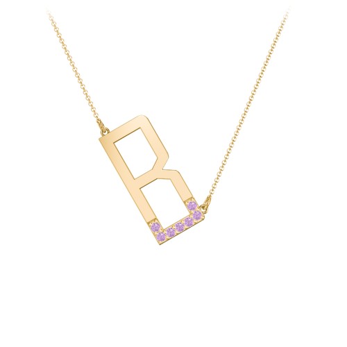 Asymmetrical Initial Necklace with Accent Stones - B – 18K Gold Plated Silver with Amethyst