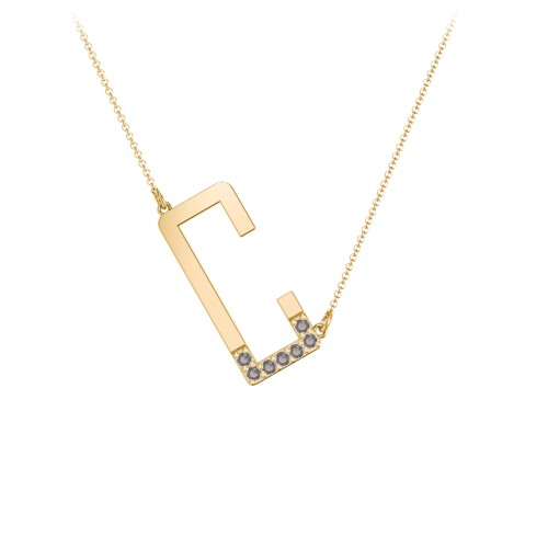Asymmetrical Initial Necklace with Accent Stones - C – 18K Gold Plated Silver with Smokey Quartz