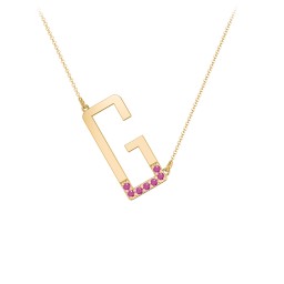 Asymmetrical Initial Necklace with Accent Stones - G in 18K Gold Plated Silver with Ruby