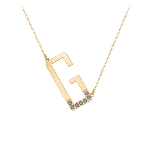 Asymmetrical Initial Necklace with Accent Stones - G – 18K Gold Plated Silver with Smokey Quartz