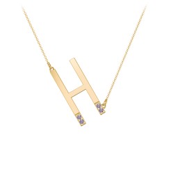 Asymmetrical Initial Necklace with Accent Stones - H in 18K Gold Plated Silver with Alexandrite