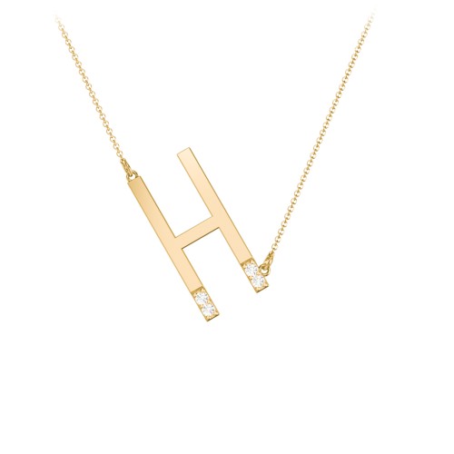 Asymmetrical Initial Necklace with Accent Stones - H – 18K Gold Plated Silver with Cubic Zirconia