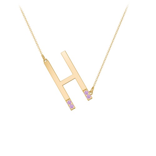 Asymmetrical Initial Necklace with Accent Stones - H – 18K Gold Plated Silver with Amethyst