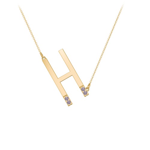 Asymmetrical Initial Necklace with Accent Stones - H – 18K Gold Plated Silver with Alexandrite