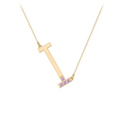 Asymmetrical Initial Necklace with Accent Stones - I in 18K Gold Plated Silver with Amethyst
