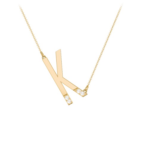 Asymmetrical Initial Necklace with Accent Stones - K – 18K Gold Plated Silver with Cubic Zirconia