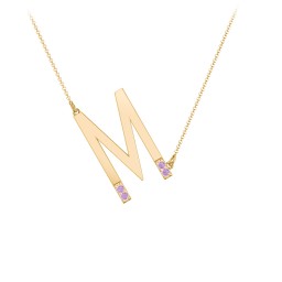 Asymmetrical Initial Necklace with Accent Stones - M in 18K Gold Plated Silver with Amethyst