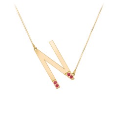 Asymmetrical Initial Necklace with Accent Stones - N in 18K Gold Plated Silver with Garnet