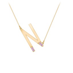 Asymmetrical Initial Necklace with Accent Stones - N in 18K Gold Plated Silver with Amethyst