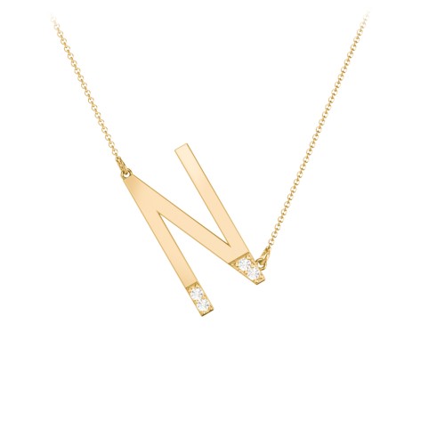 Asymmetrical Initial Necklace with Accent Stones - N – 18K Gold Plated Silver with Cubic Zirconia