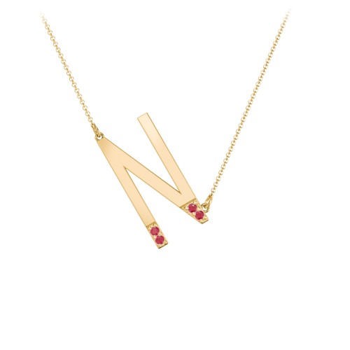 Asymmetrical Initial Necklace with Accent Stones - N – 18K Gold Plated Silver with Garnet