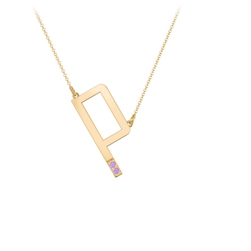 Asymmetrical Initial Necklace with Accent Stones - P – 18K Gold Plated Silver with Amethyst