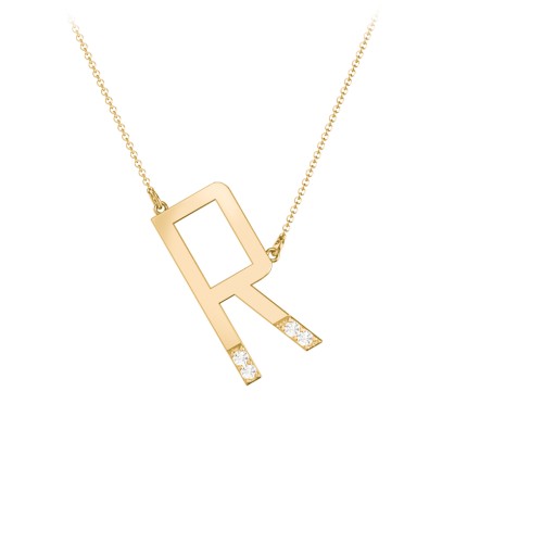 Asymmetrical Initial Necklace with Accent Stones - R – 18K Gold Plated Silver with Cubic Zirconia