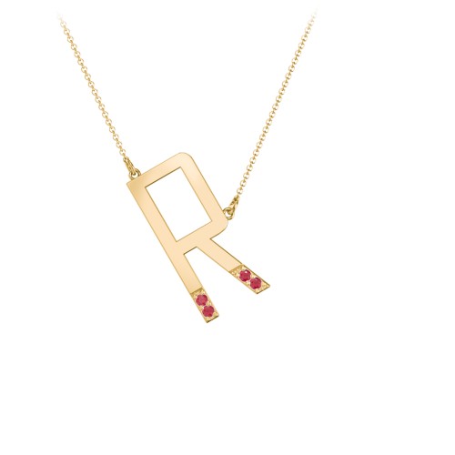 Asymmetrical Initial Necklace with Accent Stones - R – 18K Gold Plated Silver with Garnet