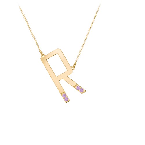 Asymmetrical Initial Necklace with Accent Stones - R – 18K Gold Plated Silver with Amethyst