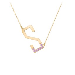 Asymmetrical Initial Necklace with Accent Stones - S in 18K Gold Plated Silver with Amethyst