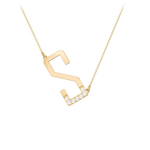 Asymmetrical Initial Necklace with Accent Stones - S – 18K Gold Plated Silver with Cubic Zirconia