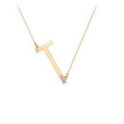 Asymmetrical Initial Necklace with Accent Stones - T in 18K Gold Plated Silver with Amethyst