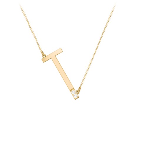 Asymmetrical Initial Necklace with Accent Stones - T – 18K Gold Plated Silver with Cubic Zirconia