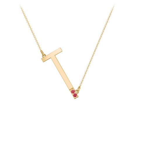 Asymmetrical Initial Necklace with Accent Stones - T – 18K Gold Plated Silver with Garnet