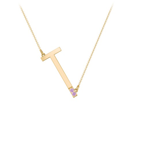 Asymmetrical Initial Necklace with Accent Stones - T – 18K Gold Plated Silver with Amethyst