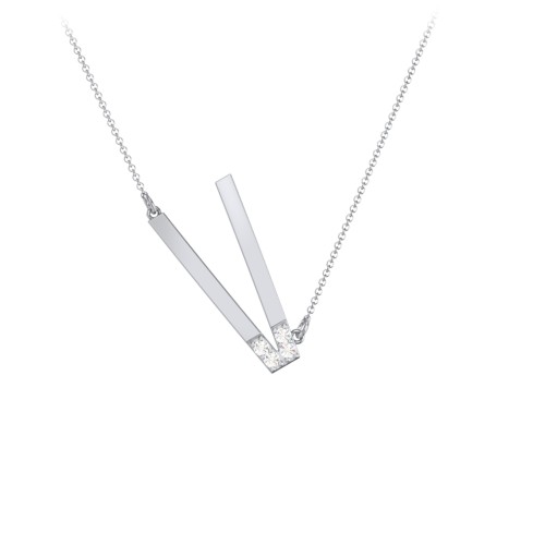 Asymmetrical Initial Necklace with Accent Stones - V – Sterling Silver with Cubic Zirconia