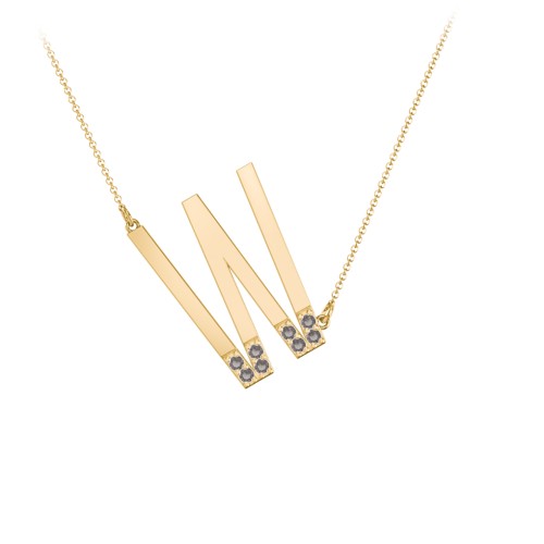 Asymmetrical Initial Necklace with Accent Stones - W – 18K Gold Plated Silver with Smokey Quartz