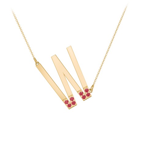 Asymmetrical Initial Necklace with Accent Stones - W – 18K Gold Plated Silver with Garnet