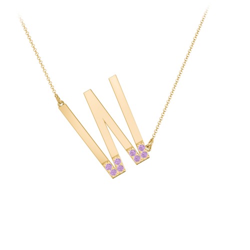Asymmetrical Initial Necklace with Accent Stones - W – 18K Gold Plated Silver with Amethyst