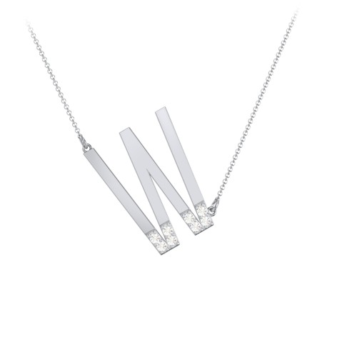 Asymmetrical Initial Necklace with Accent Stones - W – Sterling Silver with Cubic Zirconia