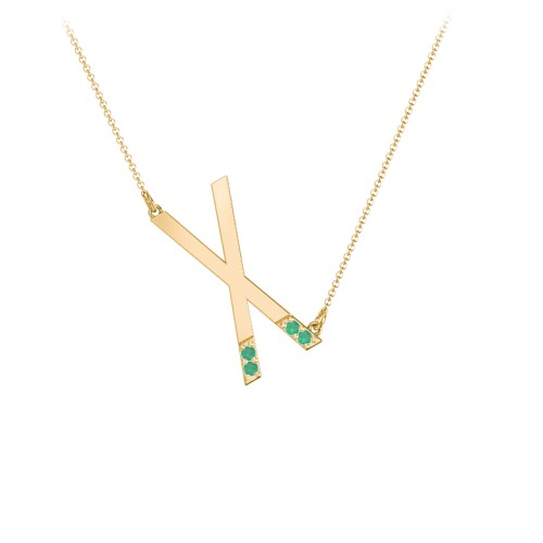 Asymmetrical Initial Necklace with Accent Stones - X – 18K Gold Plated Silver with Emerald