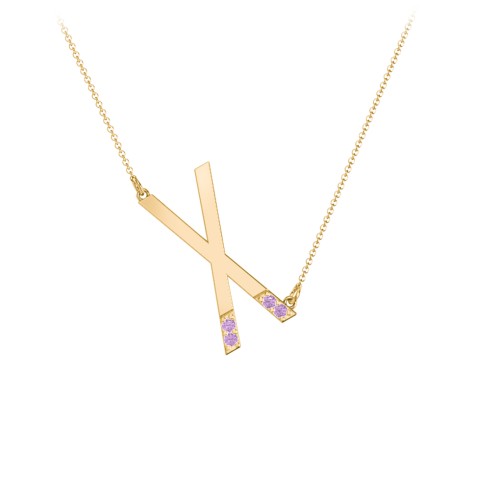 Asymmetrical Initial Necklace with Accent Stones - X – 18K Gold Plated Silver with Amethyst