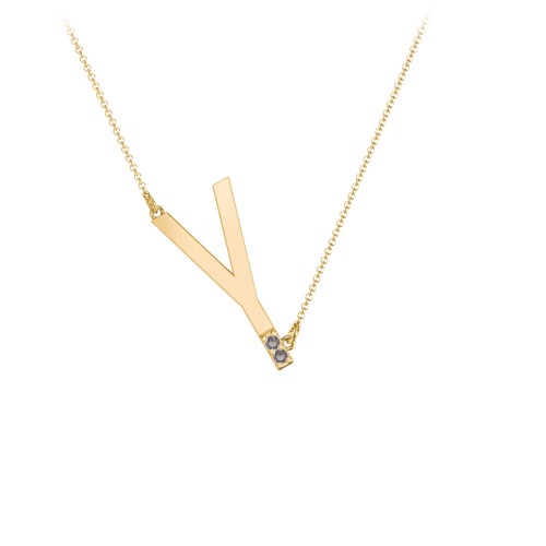 Asymmetrical Initial Necklace with Accent Stones - Y – 18K Gold Plated Silver with Smokey Quartz