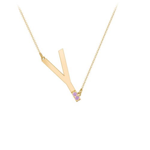 Asymmetrical Initial Necklace with Accent Stones - Y – 18K Gold Plated Silver with Amethyst