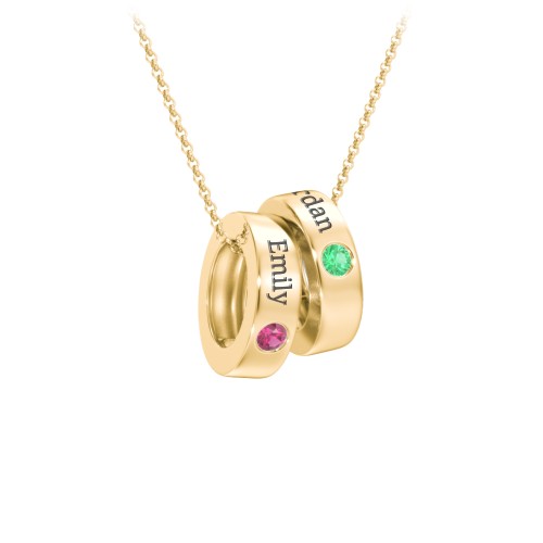 Engravable Gemstone Stacking Ring Charm Necklace - 2 – 10K Yellow Gold with Ruby and Emerald