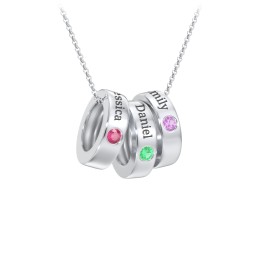 Engravable Gemstone Stacking Ring Charm Necklace - 3 in 925 Sterling Silver with Ruby, Emerald, and Amethyst