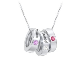 Engravable Gemstone Stacking Ring Charm Necklace - 3 in 925 Sterling Silver with Amethyst, Cubic Zirconia, and Ruby