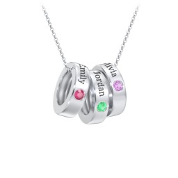 Engravable Gemstone Stacking Ring Charm Necklace - 3 in 925 Sterling Silver with Ruby, Emerald, and Amethyst