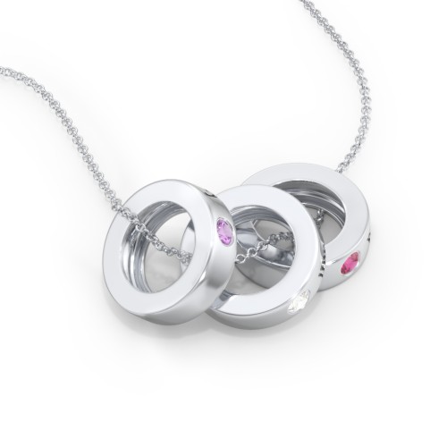 Engravable Gemstone Stacking Ring Charm Necklace - 3 – Sterling Silver with Amethyst, Cubic Zirconia, and Ruby