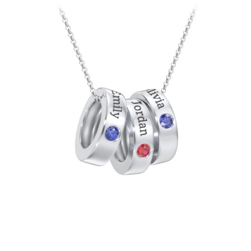 Engravable Gemstone Stacking Ring Charm Necklace - 3 – Sterling Silver with Blue Sapphire and Garnet