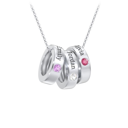 Engravable Gemstone Stacking Ring Charm Necklace - 3 – Sterling Silver with Amethyst, Cubic Zirconia, and Ruby