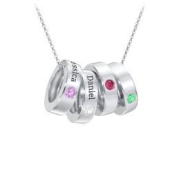 Engravable Gemstone Stacking Ring Charm Necklace - 4 in 925 Sterling Silver with Amethyst, Cubic Zirconia, Ruby, and Emerald
