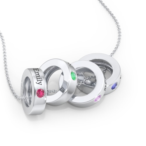 Engravable Gemstone Stacking Ring Charm Necklace - 4 – Sterling Silver with Ruby, Emerald, Amethyst, and Blue Sapphire