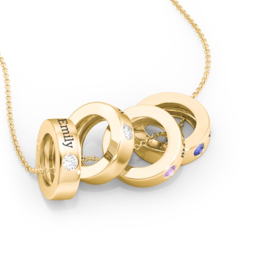 Engravable Gemstone Stacking Ring Charm Necklace - 4 – 10K Yellow Gold with Diamond, Amethyst, and Blue Sapphire
