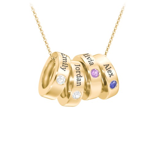 Engravable Gemstone Stacking Ring Charm Necklace - 4 – 10K Yellow Gold with Diamond, Amethyst, and Blue Sapphire