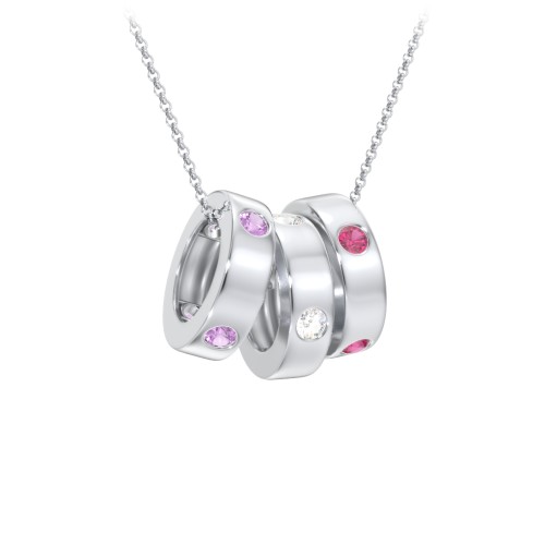 Multi-Gemstone Stacking Ring Charm Necklace - 3 – Sterling Silver with Amethyst, Cubic Zirconia, and Ruby