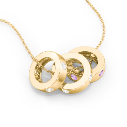 Multi-Gemstone Stacking Ring Charm Necklace - 3 – 10K Yellow Gold with Diamond and Amethyst