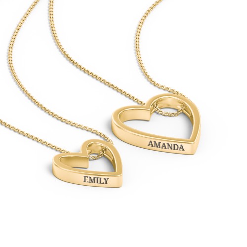 Engravable Heart In Heart Necklace Set – 10K Yellow Gold